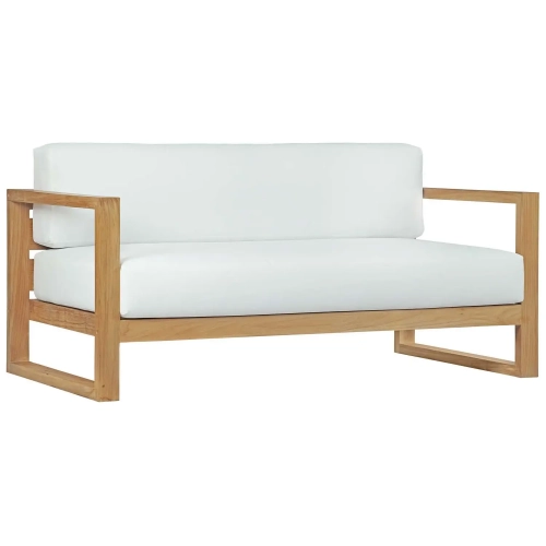 Upland Outdoor Patio Sofa in Teak with White Cushions