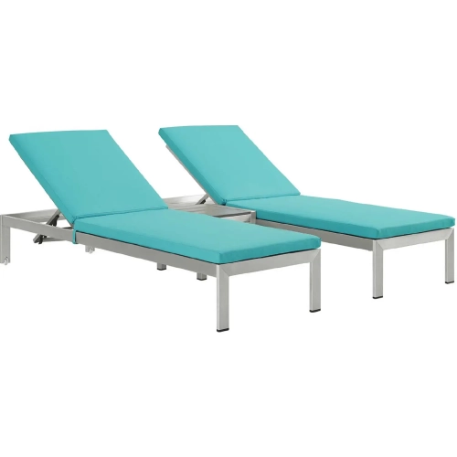 Shore 3 Piece Outdoor Aluminum Chaise Set with Turquoise Cushions