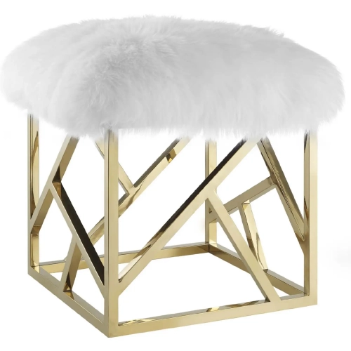 Intersperse Ottoman in White Sheepskin on Gold Stainless Steel