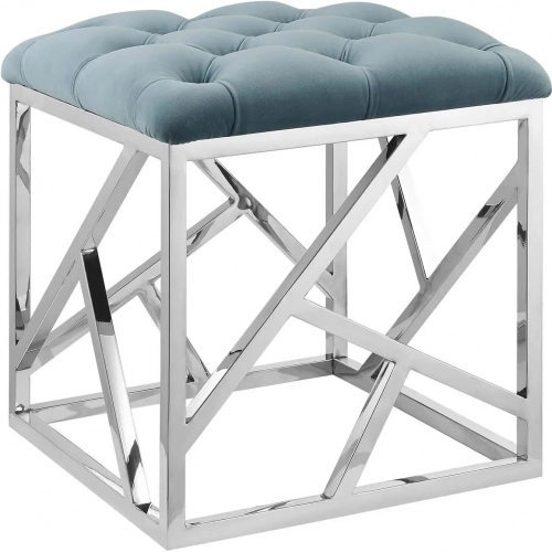 Intersperse Ottoman in Tufted Sea Blue Velvet & Polished Stainless