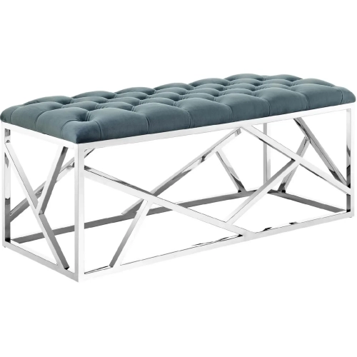 Intersperse Bench in Tufted Sea Blue Velvet on Silver Stainless Steel
