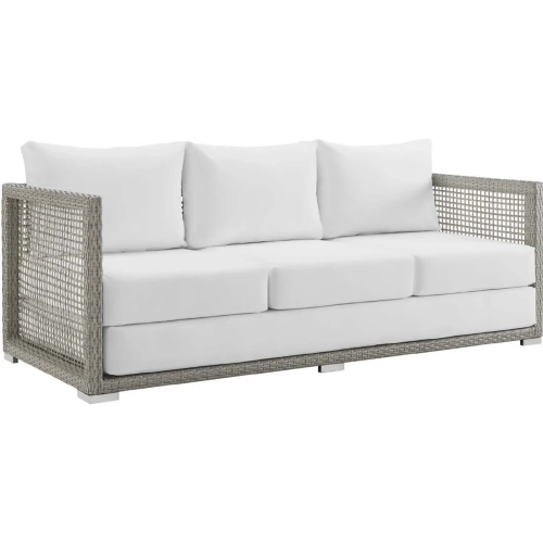 Aura Outdoor Gray Wicker Rattan Sofa with White Fabric
