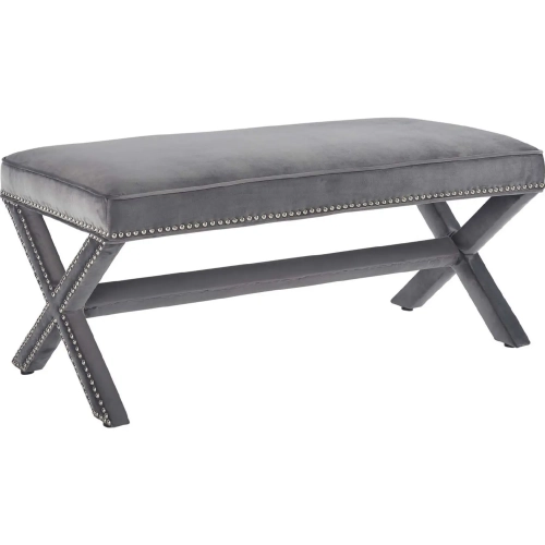 Rivet Bench in Grey Velvet with Nailhead Trim