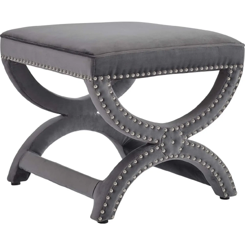 Expound Ottoman in Grey Velvet with Nailhead Trim