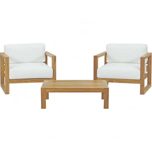 Upland Outdoor 3 Piece Arm Chair Set in Teak with White Fabric