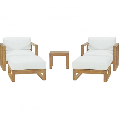 Upland Outdoor 5 Piece Arm Chair Set in Teak with White Fabric