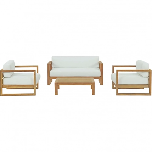 Upland Outdoor 4 Piece Sofa Set in Teak with White Fabric