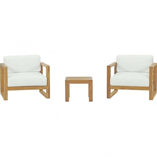 Upland Outdoor 3 Piece Arm Chair Set in Teak with White Fabric