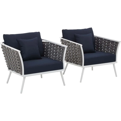 Stance Outdoor Arm Chair in White with Navy Blue Fabric (Set of 2)