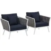 Stance Outdoor Arm Chair in White with Navy Blue Fabric (Set of 2)