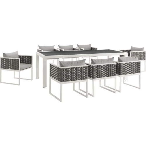 Stance 9 Piece Outdoor Dining Set in White with Gray Fabric