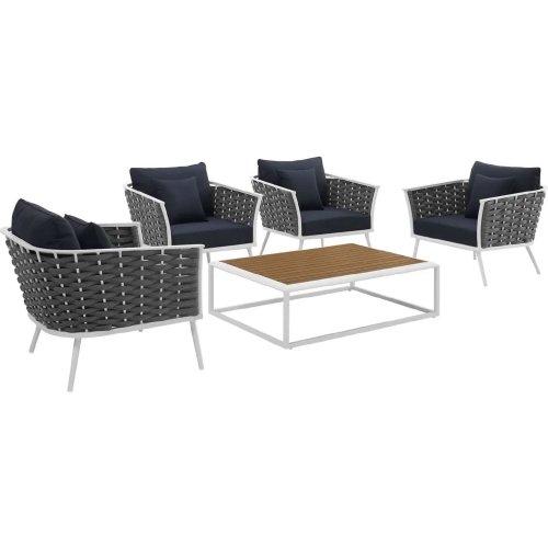 Stance 5 Piece Outdoor Arm Chair Set in White with Navy Blue Fabric