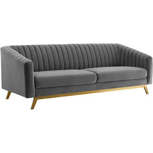 Valiant Loveseat in Channel Tufted Gray Velvet & Gold Stainless
