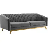 Valiant Loveseat in Channel Tufted Gray Velvet & Gold Stainless