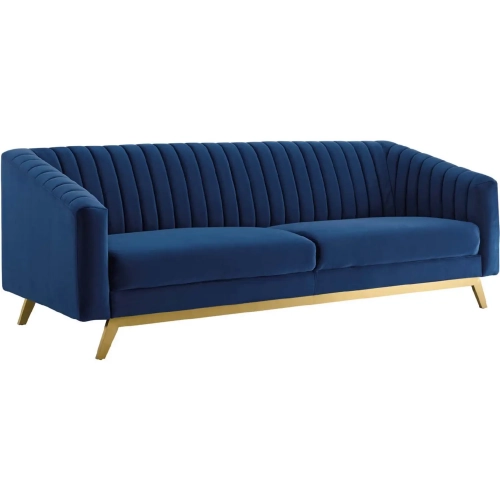 Valiant Loveseat in Channel Tufted Navy Blue Velvet & Gold Stainless