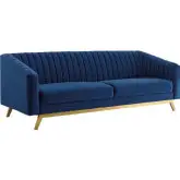 Valiant Loveseat in Channel Tufted Navy Blue Velvet & Gold Stainless