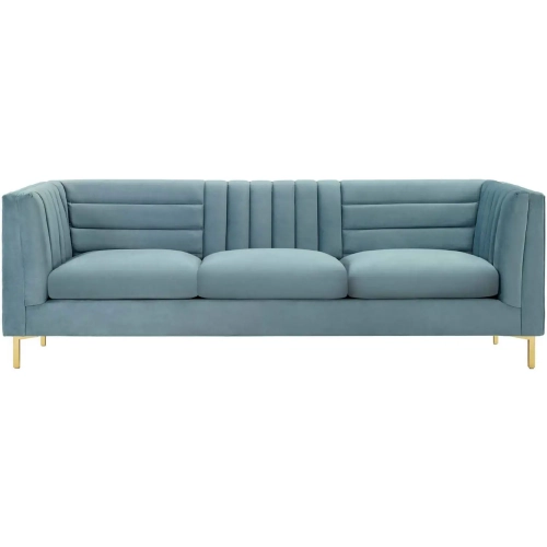Ingenuity Sofa in Channel Tufted Light Blue Velvet & Gold Stainless