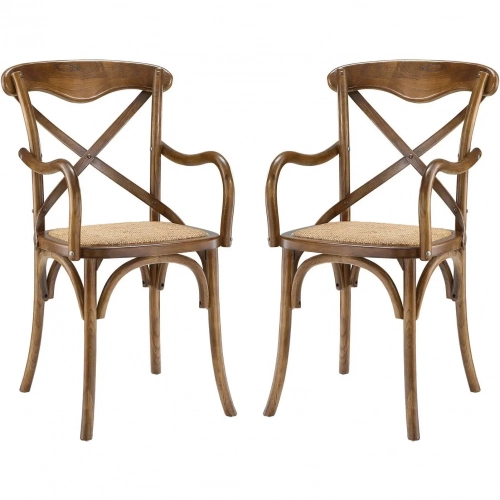 Gear Dining Arm Chair in Walnut Finish with Rattan Seat (Set of 2)