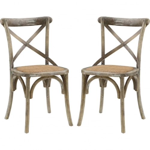 Gear Dining Chair in Gray Wood with Rattan Seat (Set of 2)