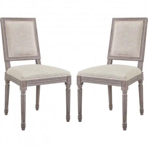 Court Dining Chair in Beige Fabric & Weathered Wood (Set of 2)