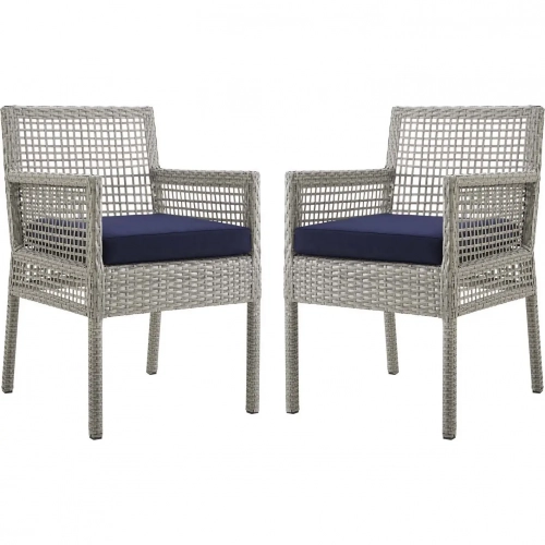 Aura Outdoor Dining Arm Chair in Gray Poly Rattan & Navy Fabric (Set of 2)