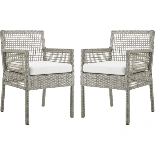 Aura Outdoor Dining Arm Chair in Gray Poly Rattan & White Fabric (Set of 2)