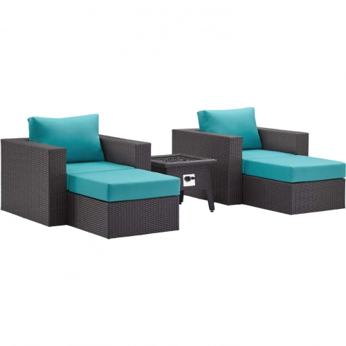 Convene 5 Piece Outdoor Arm Chair Set with Fire Pit in Espresso & Turquoise