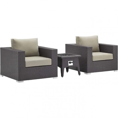 Convene 3 Piece Outdoor Arm Chair Set with Fire Pit in Espresso & Beige