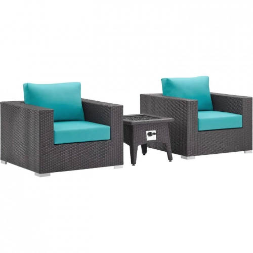 Convene 3 Piece Outdoor Arm Chair Set with Fire Pit in Espresso & Turquoise