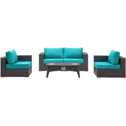 Convene 5 Piece Outdoor Loveseat Set with Fire Pit in Espresso & Turquoise