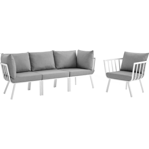 Riverside Outdoor 4 Piece Modular Sofa Set in White Metal & Gray Fabric