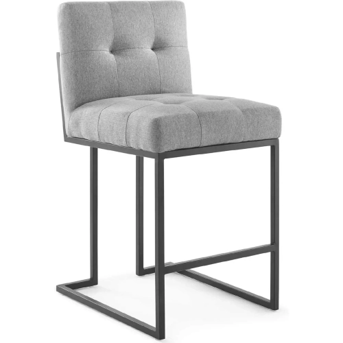 Privy Counter Stool in Tufted Light Grey Fabric & Black Stainless