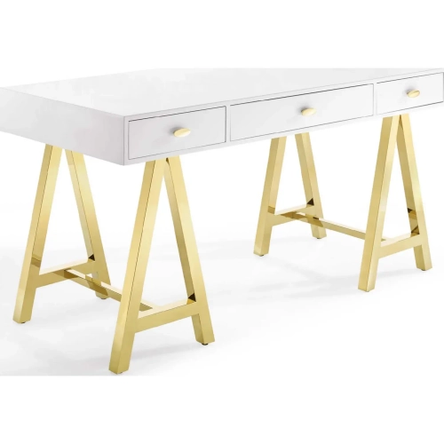 Jettison Office Desk in High Gloss White & Gold