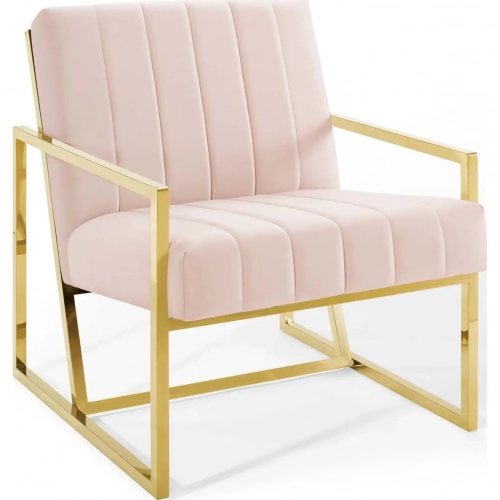 Inspire Arm Chair in Channel Tufted Pink Velvet & Gold