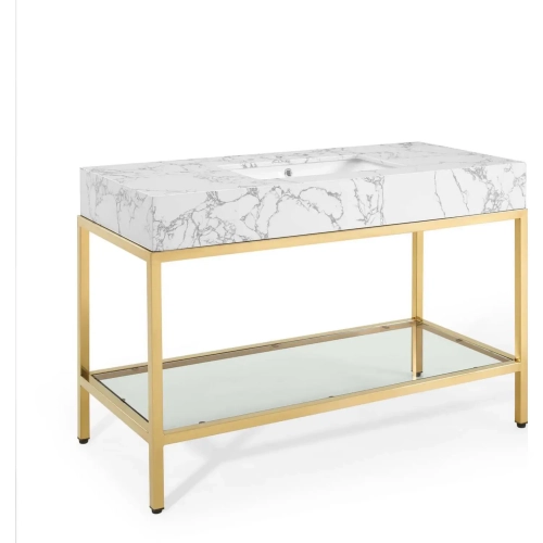 Kingsley 50" Bathroom Vanity in White Faux Marble & Gold Stainless