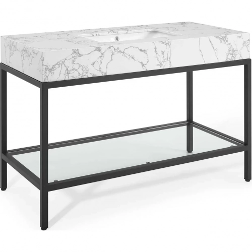 Kingsley 50" Bathroom Vanity in White Faux Marble & Black Stainless