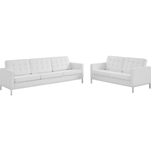 Loft Sofa & Loveseat Set in Tufted White Leatherette & Silver