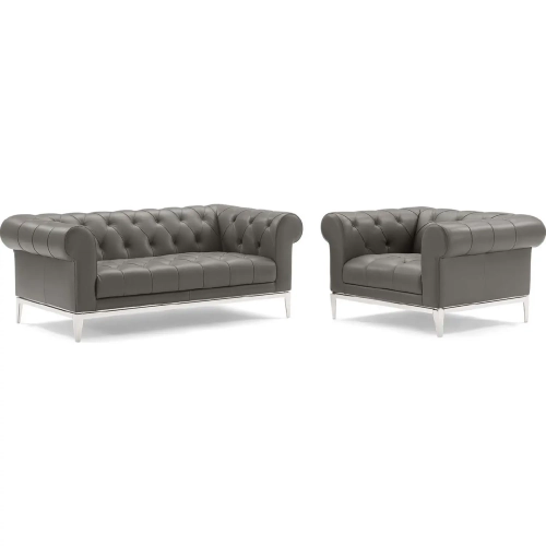 Idyll Loveseat & Arm Chair in Tufted Gray Leather