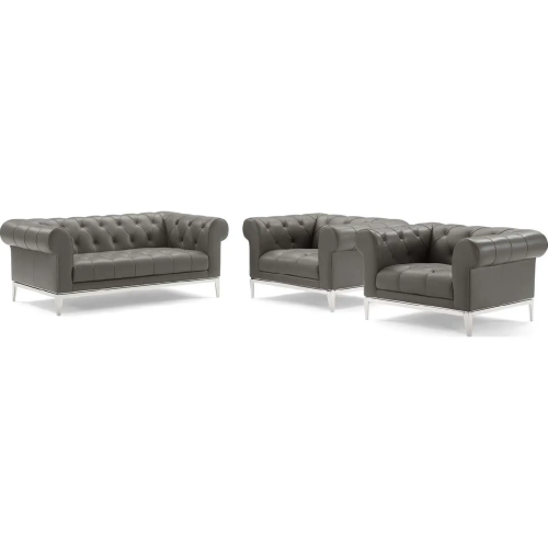 Idyll 3 Piece Loveseat Set in Tufted Gray Leather