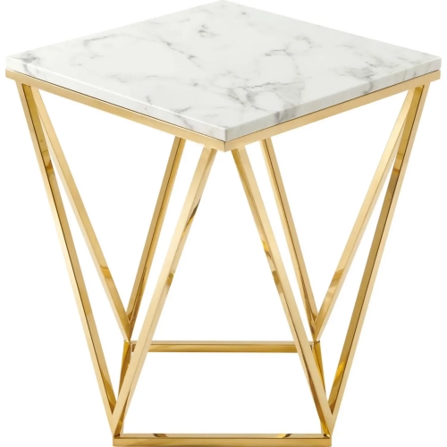 Vertex End Table in White Faux Marble & Polished Gold Stainless