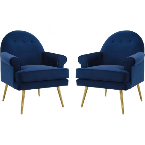 Revive Arm Chair in Navy Blue Fabric on Gold Iron Legs (Set of 2)