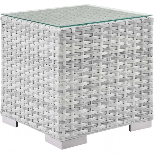 Convene Outdoor Side Table in Tempered Glass & Gray Poly Rattan