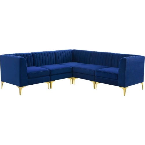 Triumph 5 Piece Modular Sectional Sofa in Channel Tufted Navy Velvet