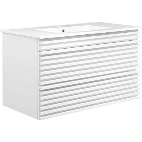 Render 36" Wall Mount Bathroom Vanity in White, Walnut Finish & White Ceramic