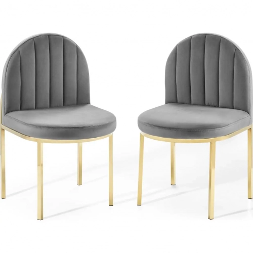 Isla Dining Chair in Channel Tufted Gray Velvet &amp; Gold &#40;Set of 2&#41;