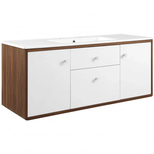 Transmit 48" Wall Mount Bathroom Vanity in Walnut Finish & White Ceramic