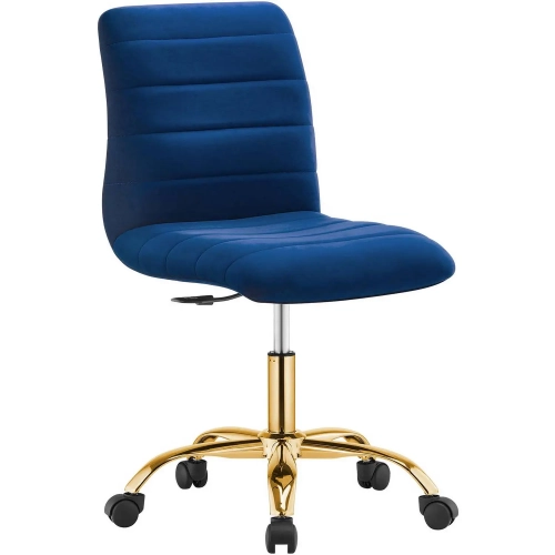 Ripple Armless Office Chair in Channel Tufted Navy Blue Velvet & Gold