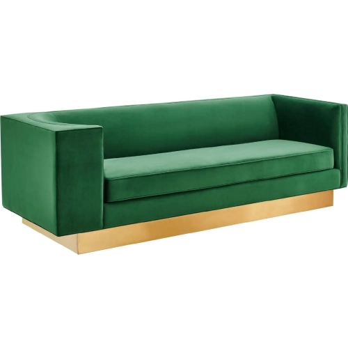 Eminence Sofa in Emerald Green Velvet & Brushed Gold Stainless Steel