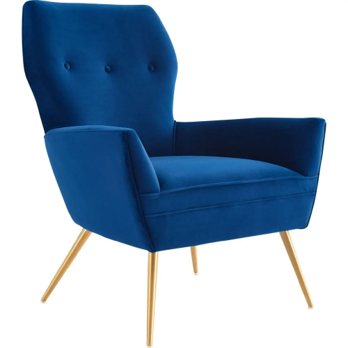 Renata Accent Arm Chair in Button Tufted Navy Blue Velvet & Gold Stainless