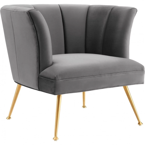 Veronica Accent Arm Chair in Channel Tufted Gray Velvet & Gold Stainless